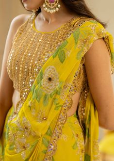 Featuring lime yellow printed sari set in our signature print and it is paired with an antique tone mirror embellished blouse. Paulmi And Harsh, Draped Saree, Lime Yellow, Padded Blouse, Drape Saree, Yellow Saree, Embellished Blouse, Open The Door, Thread Embroidery