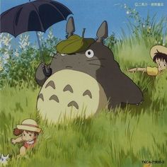 an animated image of people in the grass with a totoro and other characters