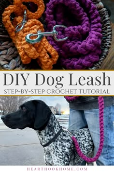 a black and white dog wearing a purple leash next to a basket filled with crochet items