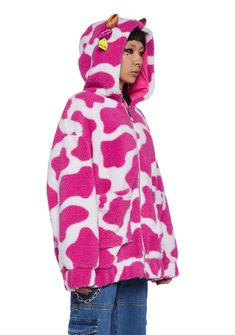 cuz its time for a pasture party. This jacket has a sherpa construction, front pockets, zipper closure, and a hood with plush cow horns and ears with a delia’s tag. Cute Pink Hooded Jacket For Fall, Trendy Pink Fleece Outerwear, Pink Hooded Jacket With Zipper Closure, Pink Hooded Winter Jacket With Zipper, Pink Hooded Jacket With Fleece Lining For Fall, Hoodie With Ears, Dolls Kill Outfits, Cow Hoodie, Street Clothing