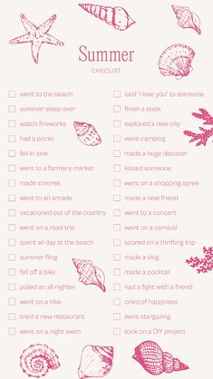 a pink printable summer checklist with seashells on it