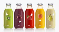 six different types of juices in glass bottles