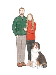 a man and woman standing next to a dog with their arms around each other on a white background