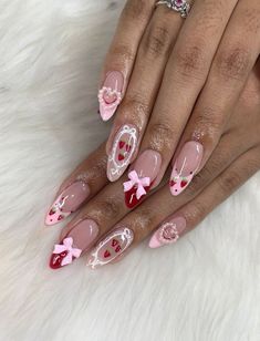 Nail Art Designs Strawberry, Pearl Pink Valentines Nails, Valentine Coquette Nails, Nail Inspo Almond Valentines, Cute Almond Valentines Nails, Valentines Nail Set Almond, Coquette Valentines Day Nails, Nails Pink Strawberry, Strawberry Shortcake Acrylic Nails