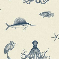 an octopus, seagulls and other marine creatures are depicted in this blue - white wallpaper