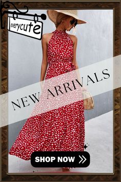 New Hot Selling Wave Dot Print Neck Strap Jumpsuit Dress Non-stretch Polka Dot Dress For Spring, Polka Dot Halter Neck Summer Dress, Spring Vacation Polka Dot Maxi Dress, Summer Polka Dot Maxi Dress For Day Out, Polka Dot Maxi Dress For Summer Day Out, Fitted Polka Dot Maxi Dress For Spring, Polka Dot Floral Print Beach Dress, Beach Polka Dot Dresses With Floral Print, Beach Dresses With Polka Dot And Floral Print