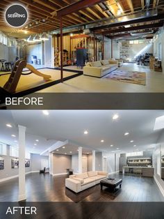 before and after pictures of a living room with wood flooring, exposed ceilings, and white couches