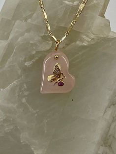 - 14K gold plated Butterfly CZ on Rose Quartz heart celestial charm - 1.8mm gold filled 16" or 18" mirror chain Pink Gemstone Heart Necklace Gift, Pink Heart Gemstone Necklace For Gift, Handmade Rose Gold Heart Pendant Jewelry, Pink Gemstone Heart Necklace For Gift, Rose Gold Heart Charm Necklace, Gold Plated, Rose Gold Plated Charm Necklaces With Heart Charm, Rose Gold Plated Charm Necklace With Heart Charm, Rose Gold Plated Heart Charm Necklaces, Dainty Rose Quartz Gold Jewelry