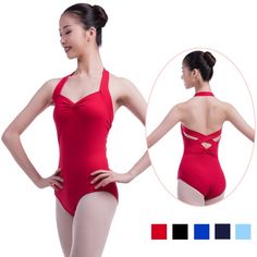 a woman in a red leotard with her hands on her hips