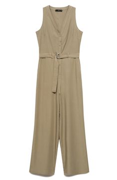 This linen-kissed jumpsuit gets a streamlined look from tonal details like the removable belt, stitches and buttons that fall down the front. Front button closure V-neck Sleeveless Removable belt 96% lyocell, 4% linen Machine wash, line dry Imported Elegant Spring Jumpsuits And Rompers With Belt Loops, Spring Jumpsuits And Rompers With Belt Loops, Summer Beige Belted Jumpsuits And Rompers, Chic Beige Belted Jumpsuit, Beige Belted Jumpsuits And Rompers For Summer, Wide Leg Jumpsuit, Khaki Green, Mango, Top Brands