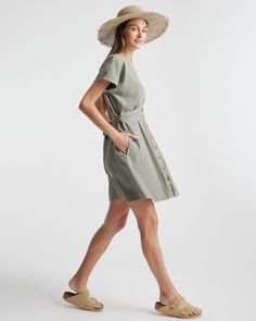 You finally found the perfect everyday summer dress. This soft, breezy, A-line dress buttons up the front, ties at the waist, and even has a hidden clasp (you know, for those days that require a little modesty).  | Quince | Women's Vintage Wash Tencel Button Front Dress in Olive, Size Large Summer A-line Dress With Tie Fastening, A-line Summer Dress With Tie Fastening, Summer Wrap Dress With Tie Waist For Vacation, Summer Shirt Dress With Buttons For Daytime, Summer Daytime Shirt Dress With Buttons, Casual A-line Shirt Dress For Beach, Casual Dresses With Tie Fastening For Daywear, Casual Spring Linen Dress With Button Closure, Casual Daywear Dress With Tie Fastening