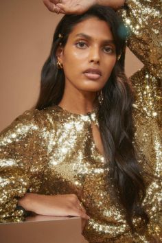 Style: Midi DressFabric: SequinLength: MidiNeckline: CrewSleeve Length: Long Sleeve Dresses Gold, Gold Glitter Confetti, Nye Fashion, Slim Fit Crop Top, Oasis Dress, Gold Sequin Dress, Hair Model, Studio 54, Oasis Fashion