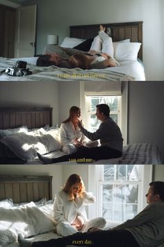 two people sitting on a bed talking to each other in the same room and one person laying down