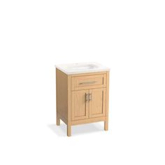 a bathroom vanity with a white sink and wooden legs on the side, against a white background