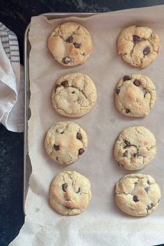 nine chocolate chip cookies on a baking sheet