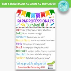 a poster with the words paraprofessional's survival kit on it