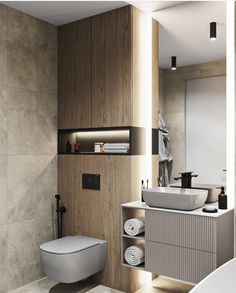 a bathroom with a toilet, sink and shelves on the wall next to the bathtub