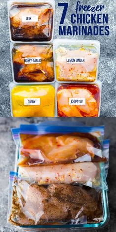 freezer meals in containers with the text 7 chicken marinade recipes you can freeze