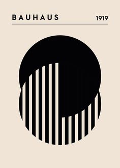 Bauhaus-inspired modern poster showcasing a black half-circle with vertical white stripes on a beige background with the text 'BAUHAUS 1919' at the top. Poster Prints Graphic Design, Contemporary Art Pieces, Pattern Poster Graphic Design, Black And White Art Poster, Black Modern Wall Art, Poster Black And White Aesthetic, Design With Circles, Design Modern, Modernism Design