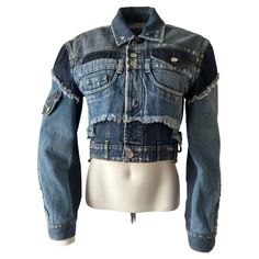 Denim jacket with a worn effect and multicolor pattern. Long sleeves, classic neckline, buttoned cuffs, single-breasted front closure, button closing, multipocket. On the back, like a corset that lace on the right and left side. Line of 5 buttons above that. Exelent condition. Fitted Denim Jacket With Patch Pockets, Fitted Denim Jacket With Patch Pockets And Long Sleeves, Fitted Denim Cropped Jacket With Buttons, Reuse Denim, Denim Moodboard, Denim Editorial, Denim Art, Jacket Pattern Sewing, Distressed Denim Skirt