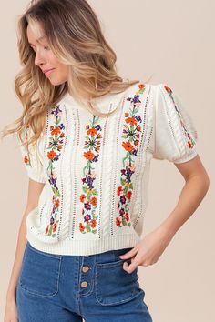 Flower Embroidery Short Sleeve Sweater Short Sleeve Sweater Outfit, Denim Short Romper, Nursing Friendly Dress, Modest Maxi, Modest Tops, Dress Modest, Athleisure Tops, Modest Dress, Modest Skirts