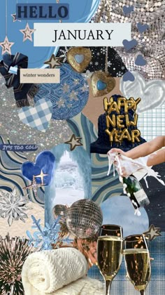 a collage with champagne glasses and other items