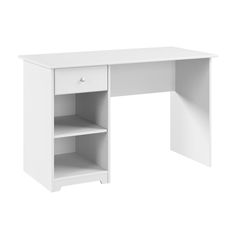 a white desk with an open shelf on the top and one drawer at the bottom