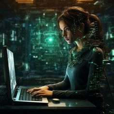 a woman sitting in front of a laptop computer with green lights on her face and hands