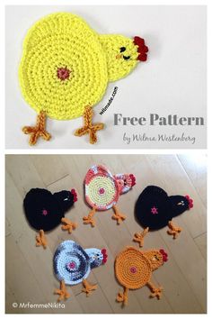 crocheted chicken coasters with free pattern and instructions to make them in different colors