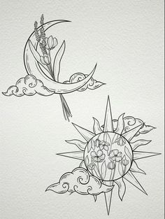 the sun and moon are drawn in black ink on white paper, with clouds above them