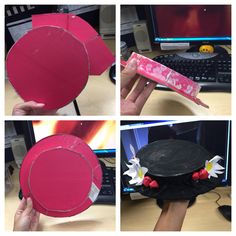 four pictures show the process of making a paper hat