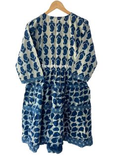 Dabu Indigo Printed Indigo Block Print Cotton Dresshandmade - Etsy Traditional Ikat Print Tunic Dress, Blue Block Print Tunic Kurta, Indigo Cotton Tunic Dress, Traditional Blue Ikat Print Dress, Indigo Cotton Block Print Dress, Indigo Block Print Cotton Dress, Indigo Cotton Dress With Block Print, Indigo Dresses With Printed Motifs, Casual Blue Kurta With Block Print