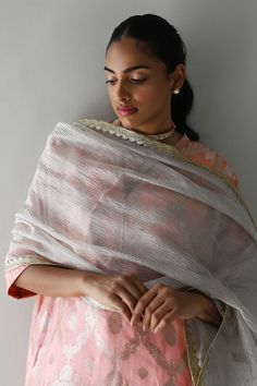 Rose pink straight kaftan style tunic with all over floral brocade pattern and side pockets. Paired with a cigarette pant. - Aza Fashions Brocade Pattern, Pink Kurta, Kaftan Style, Pant For Women, Pants Pattern, Rose Pink, Aza Fashion, Three Quarter, Pink Roses