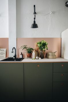 a kitchen with green cabinets and pink backsplashing on the countertop, potted plants