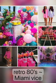 a collage of photos with pink, blue and yellow balloons in the background that say retro 80s's miami vice