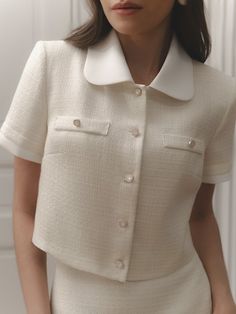 Textured top with short sleeves and button fastening :: LICHI - Online fashion store All Back Cornrows Hairstyles, Stylish Looks For Women, All Back Cornrows, Cornrows Hairstyles, Tweed Outfit, Tweed Top, Blouse Casual Fashion, Classic Style Outfits, Women Blouses Fashion