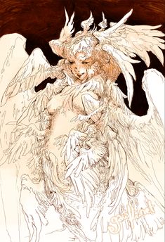 a drawing of an angel with white wings