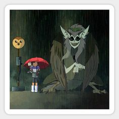 a person holding an umbrella standing next to a monster