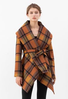 Invest in this all over plaid patterned rabato coat, a timeless piece that you will wear forever. This layer has a modern interpretation to the classic outerwear option. Perfect for winter prepare.    - Plaid pattern  - Wide turn-down shawl collar  - Removable belt at waist  - Inserted side pockets  - Fabric does not provide stretch  - Fully lined  - Shell: 40% Wool, 60% Acrylic  - Lining: 100% Polyester  - Dry clean only            Size  Length  Bust  Shoulder  Sleeves      XXS  cm  67  82-88 Rabato Coat, Cool Coats, Great Coat, Knitted Cape, Longline Coat, Chunky Cardigan, Oversize Knit, Shawl Collar, Waffle Knit