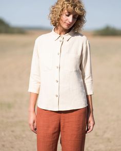 #offonclothing Linen Blouse With Button Cuffs And Spread Collar, 3/4 Sleeve Linen Blouse For Work, Linen Blouse With 3/4 Sleeves For Work, Linen Blouse For Work With 3/4 Sleeves, Cream Linen Tops With Buttons, Classic Linen Shirt With Roll-up Sleeves, Cream Linen Top With Buttons, Fall Linen Shirt With Roll-up Sleeves, Linen Shirt With Roll-up Sleeves And Relaxed Fit