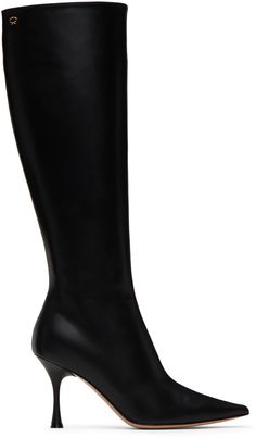 Calf-high buffed leather boots in black. · Pointed toe · Logo hardware at collar · Zip closure at inner side · Buffed leather lining · Stiletto heel with rubber injection · Leather sole · Heel: H3.25 in Supplier color: Black Thigh Boots, Black Boots Tall, Long Boots, Tall Boots, Gianvito Rossi, Stiletto Heel, High Heel, Black Boots, Leather Boots