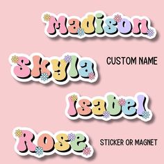 three stickers with the word name rose and floral design on them, all in different colors