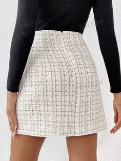 Type:A Line \nDetails:Button \nDetails:Double Button \nStyle:Elegant \nDetails:Zipper \nColor:Black \nPattern Type:Plain \nWaist Line:Ultra High Waist \nLength:Short \nFit Type:Regular Fit \nFabric:Non-Stretch \nMaterial:Woven Fabric \nComposition:100% Polyester \nCare Instructions:Hand wash,do not dry clean \nSheer:No \n Beige Plaid Skirt, Pink Leather Skirt, Skirt Preppy, Mini Skirt Pink, Preppy Skirt, Gingham Fashion, Beige Plaid, Women Skirts, Tweed Skirt