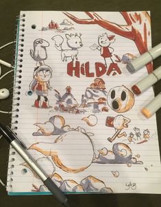 an open notebook with cartoon drawings on it and headphones next to the book that says,'hilda '