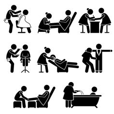 black and white pictograms of people getting haircuts at the salon