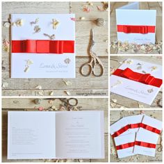 the process of making a wedding card with red ribbon and scissors on top of it