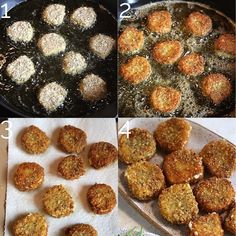 four pictures showing the steps to make fried meat patties in a skillet and then frying