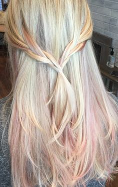 Blonde and pink hair @merakihairr instagram Light Pink Streaks In Blonde Hair, Light Pink Highlights In Blonde Hair, Blonde Hair With Pink Peekaboos, Pink Underneath Hair, Blonde And Pink Hair, Blonde And Pink, Fantasy Inspo, Blonde Hair With Pink Highlights, Ice Blonde Hair