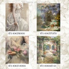 four different paintings with white flowers in the middle and one has pink roses on it