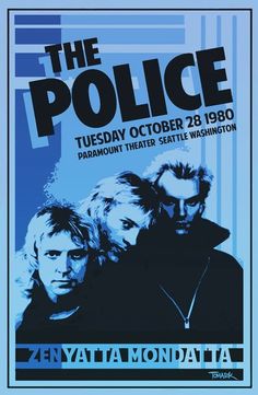 the police concert poster with an image of two men in black and one man in blue